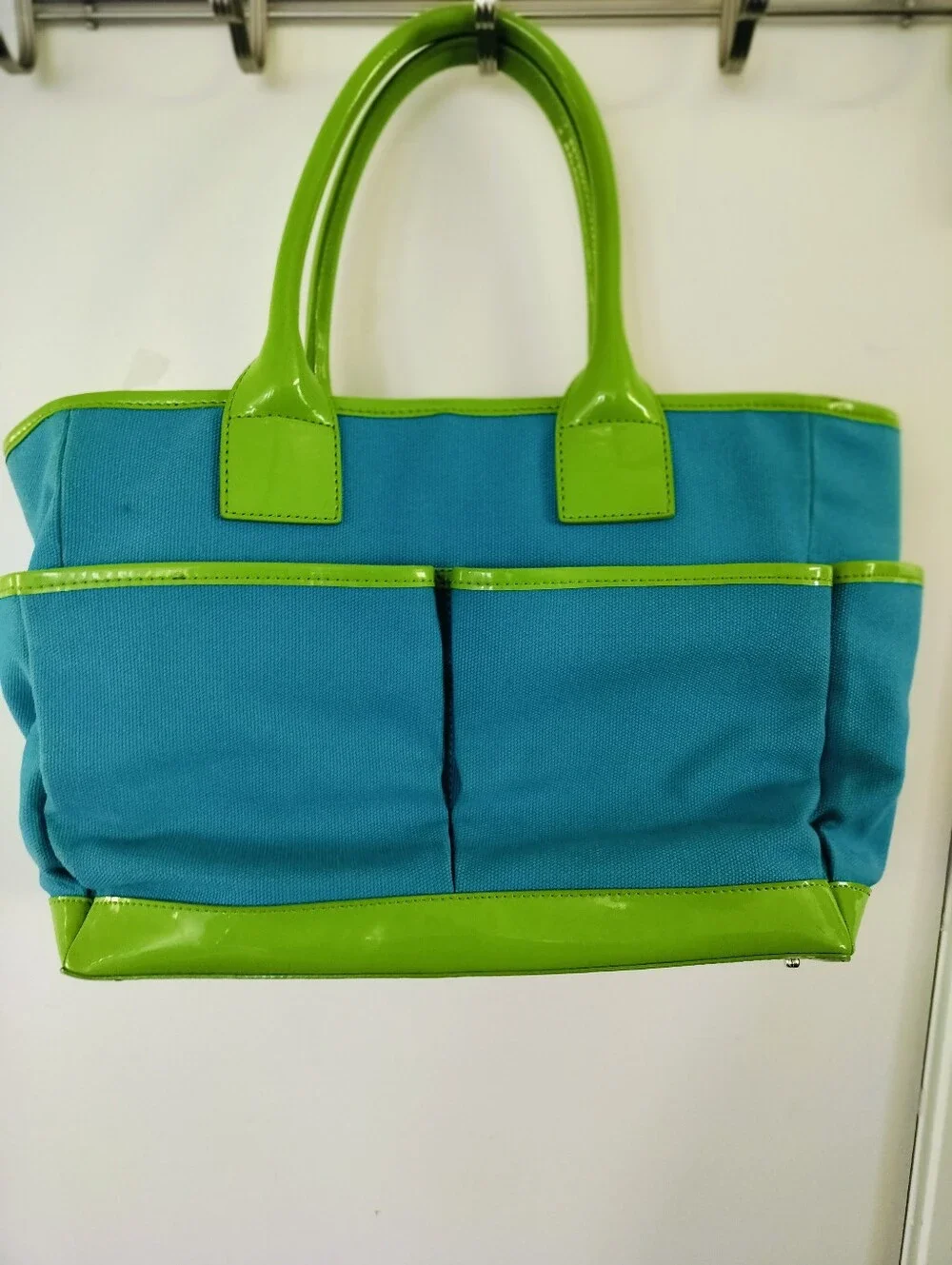 Kate Spade New York Vintage Canvas Utility Tote Turquoise Lime Green Patent Trim